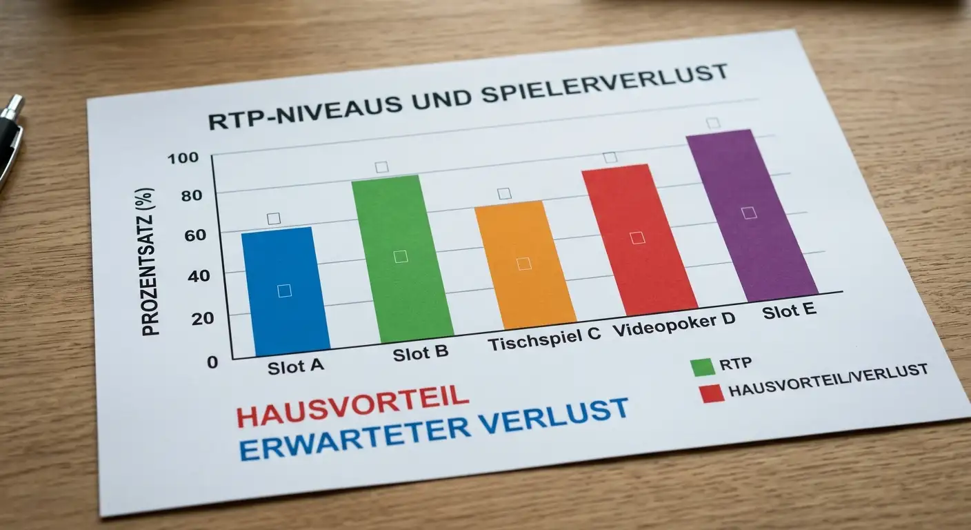 Diagramm: Hausvorteil und erwarteter Verlust bei unterschiedlichen RTP-Stufen im Vergleich
