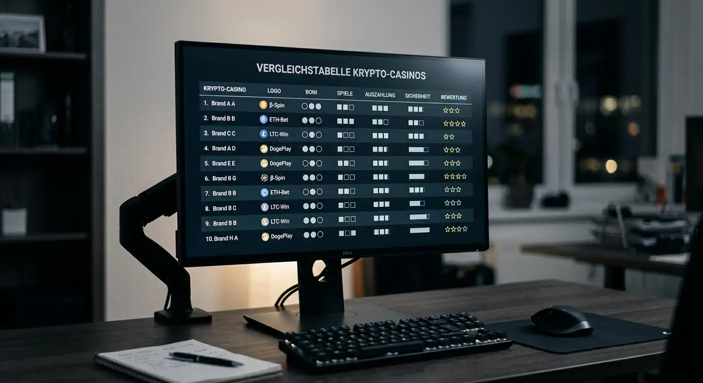 Vergleichstabelle der zehn getesteten Crypto Casinos mit Lizenz, Bonus und Auszahlungsdauer