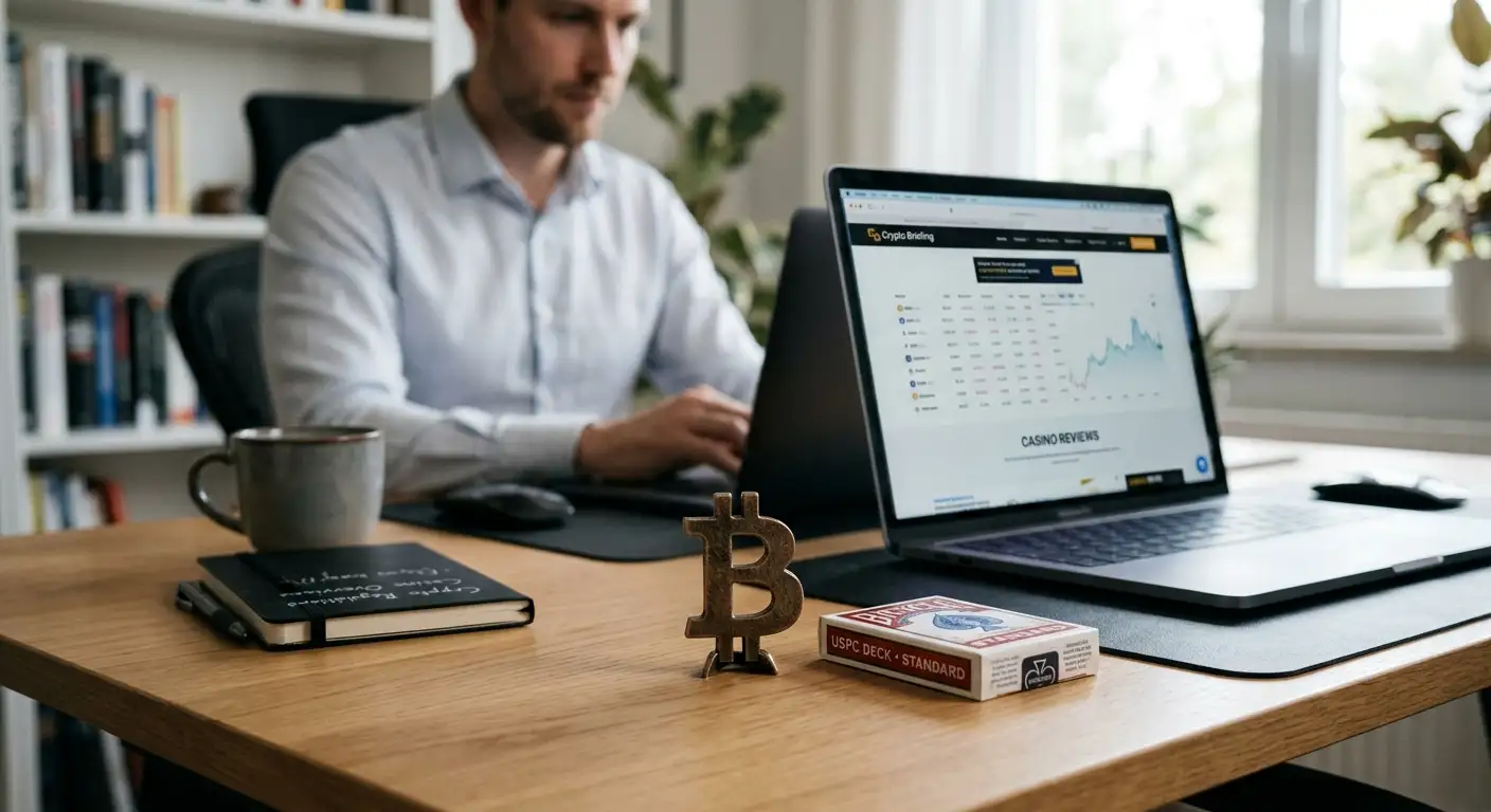 Bitcoin-Casino Übersicht – BTC-Münzen neben Spielkarten und Würfel als Überblick zur Krypto-Casino-Landschaft