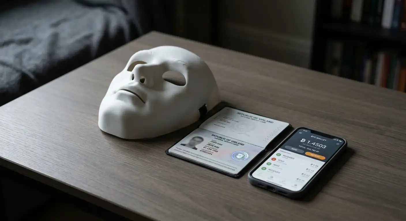 Anonymität im Bitcoin-Casino – anonyme Maske neben Ausweisdokument