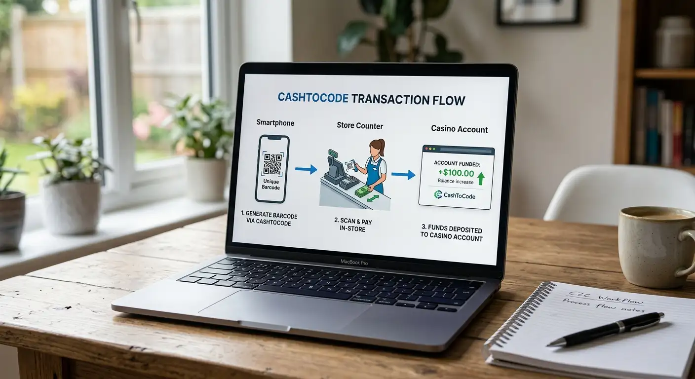 Was ist CashToCode: illustrierte Erklärung des Barcode-Flusses zwischen Casino, App und Verkaufsstelle.