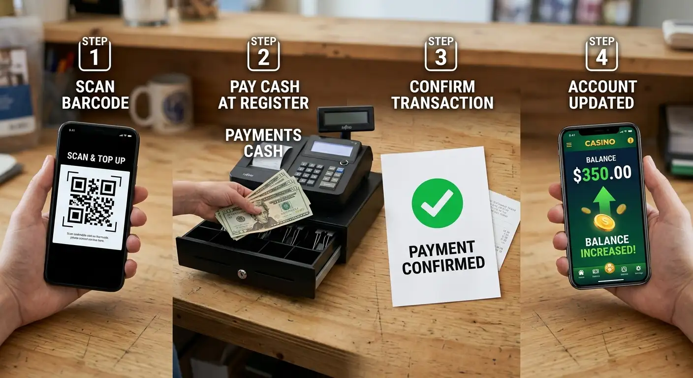 CashToCode-Einzahlung Schritt für Schritt: Barcode auf dem Smartphone, Bezahlung an der Kasse, Gutschrift im Casino-Konto.