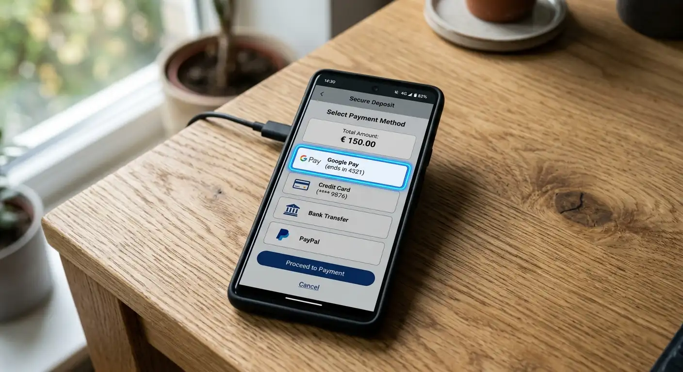 Smartphone-Kassenbereich mit Google Pay Button beim Casino-Checkout