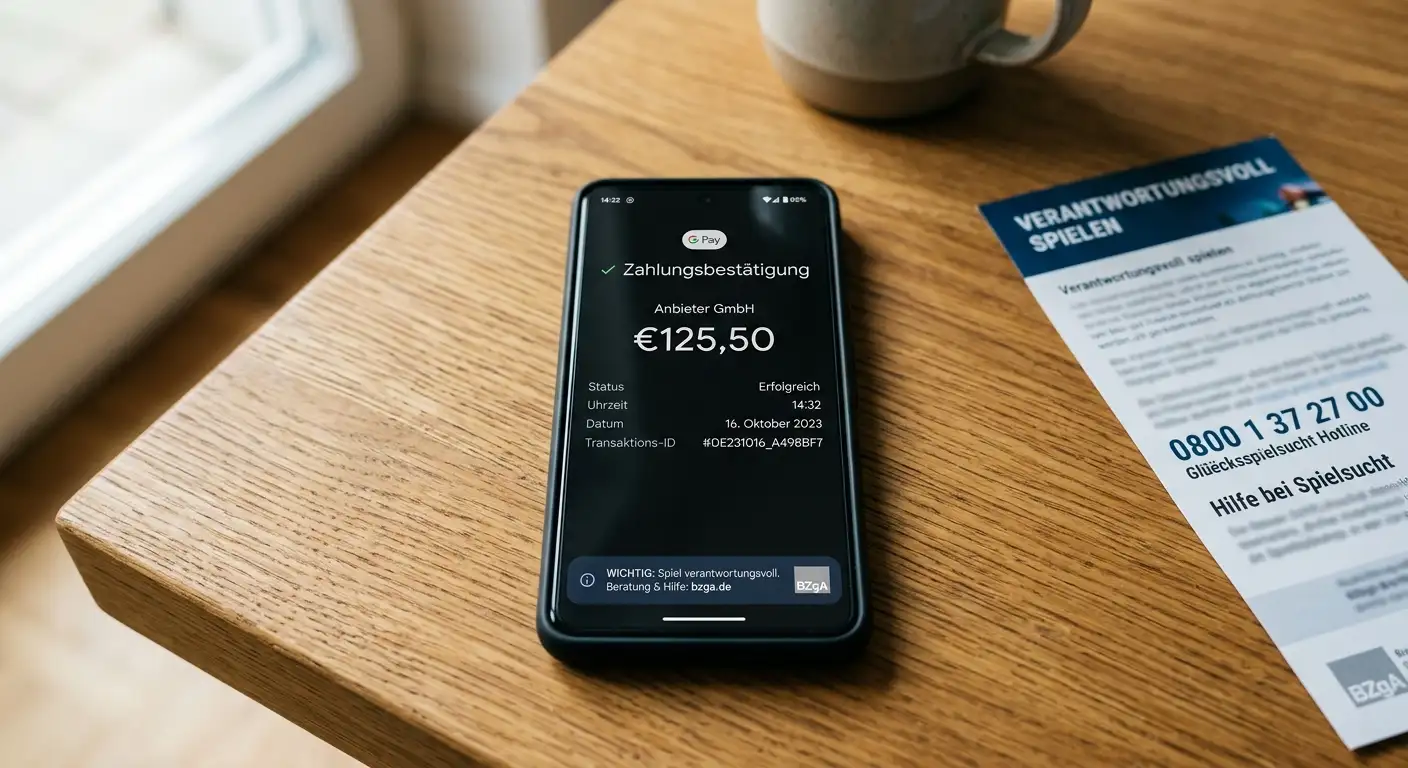 Smartphone mit Google Pay Einzahlungsbestätigung und Warnhinweisen zum verantwortungsvollen Spielen