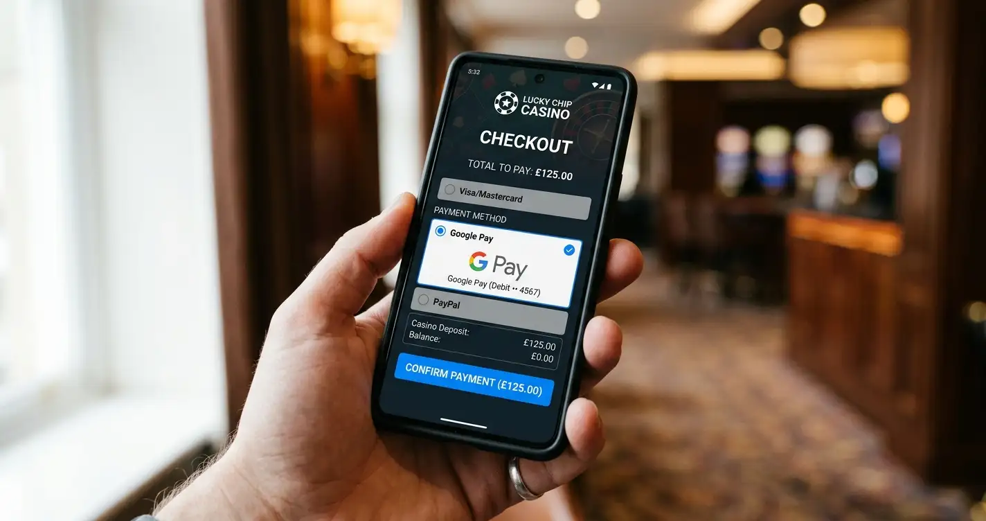 Smartphone-Display mit Google Pay Logo vor einem Online-Casino Hintergrund