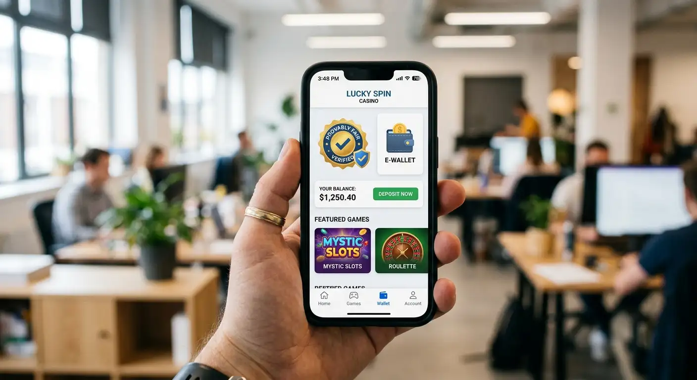 Casino-Auszahlung - HitnSpin mit Provably-Fair-Logo und E-Wallet
