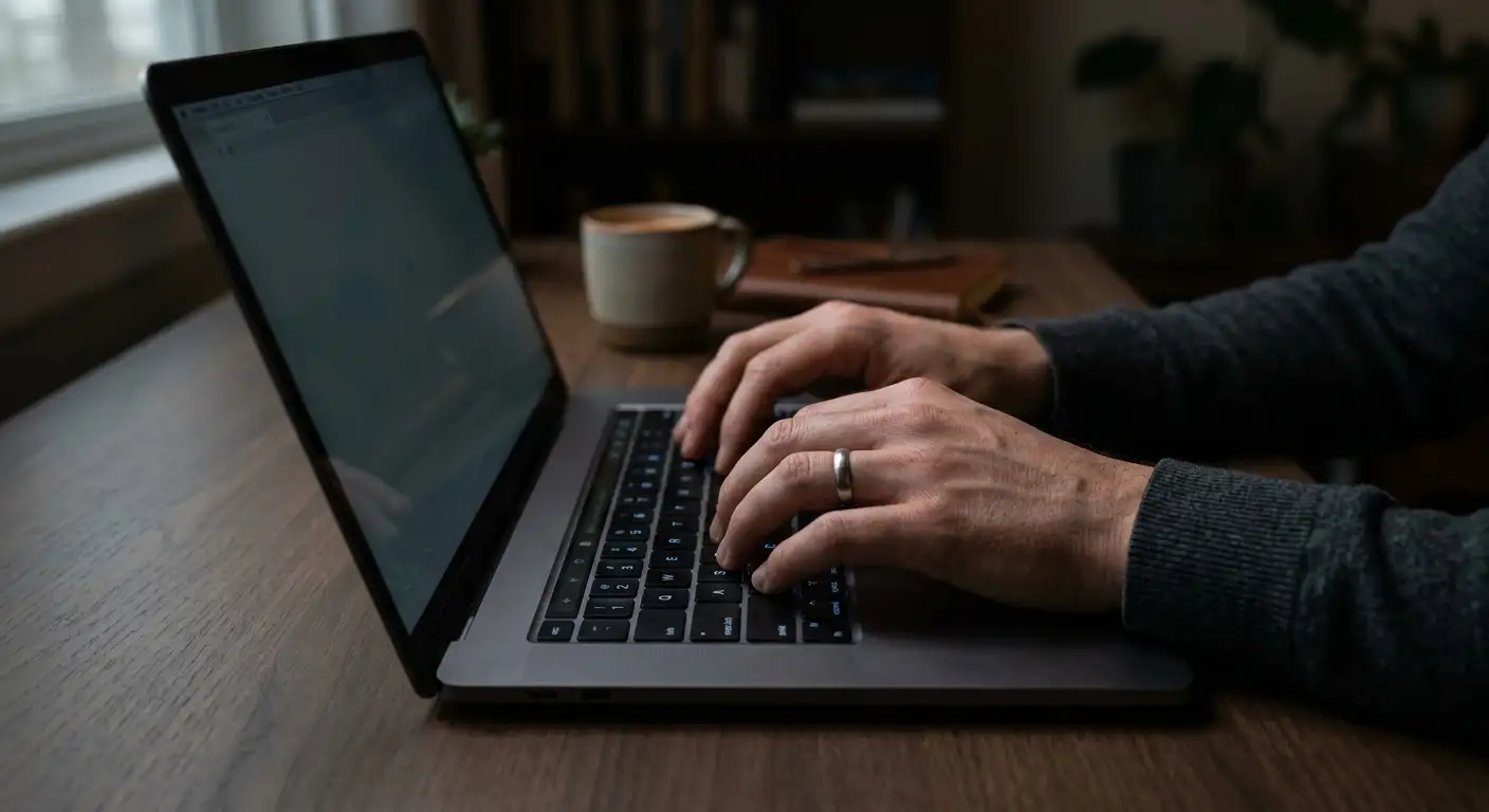 Hände tippen auf einer Laptop-Tastatur in gedämpftem Licht bei einer anonymen Casino-Anmeldung