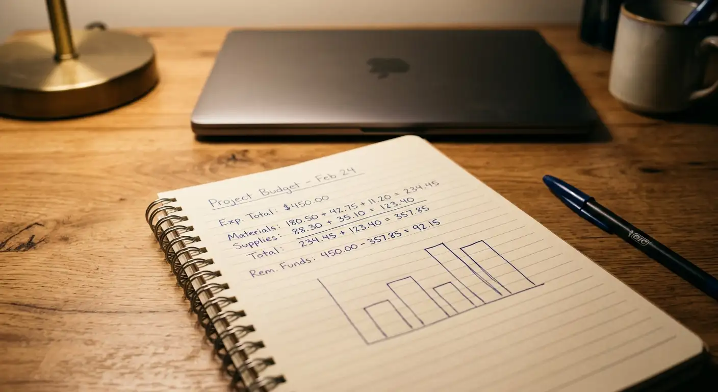 Handschriftliche Notizen zur Berechnung einer Bonus-Umsatzanforderung neben einem Laptop