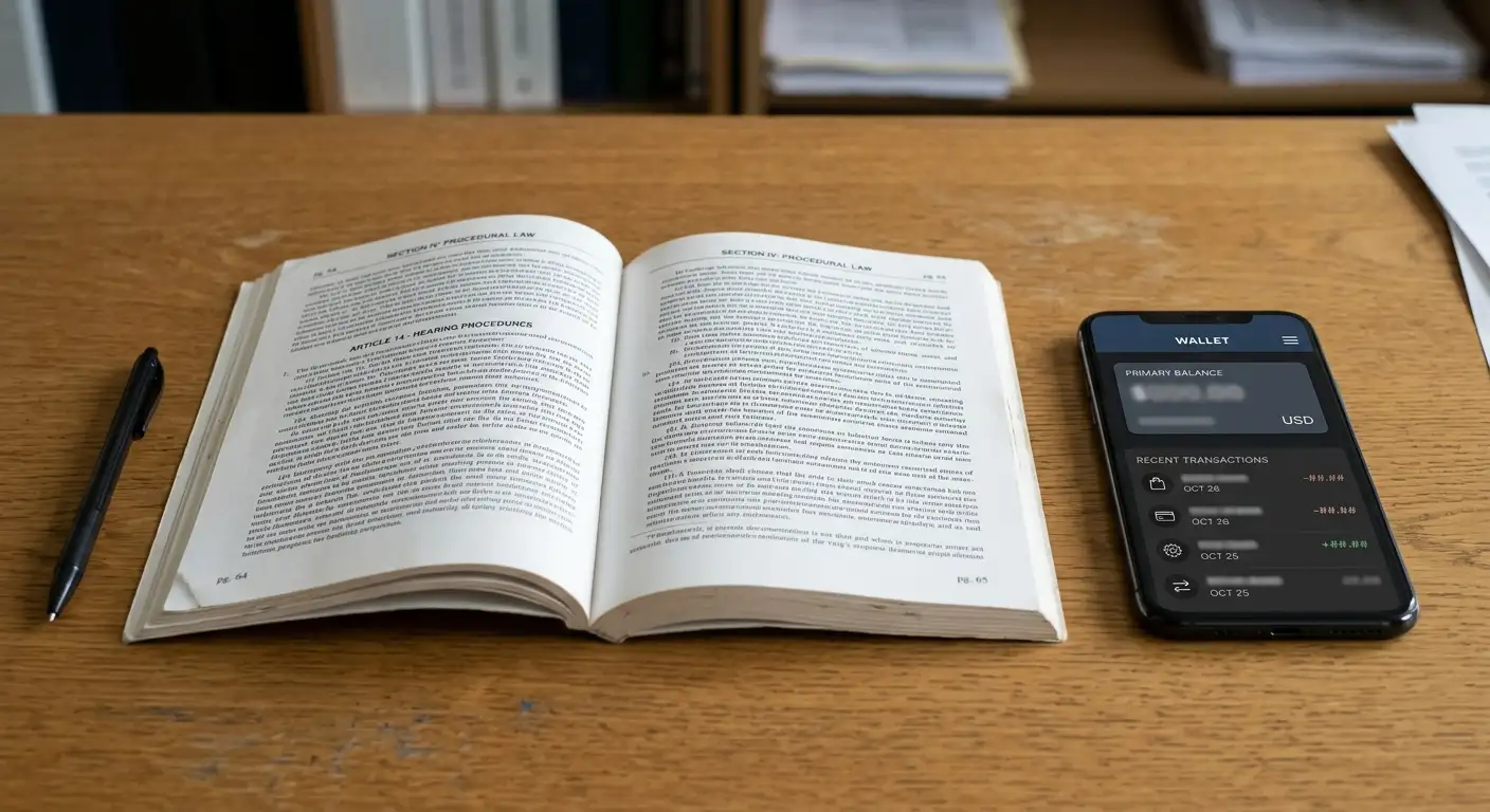 Aufgeschlagenes Gesetzbuch neben einem Smartphone mit Wallet-App auf einem Schreibtisch