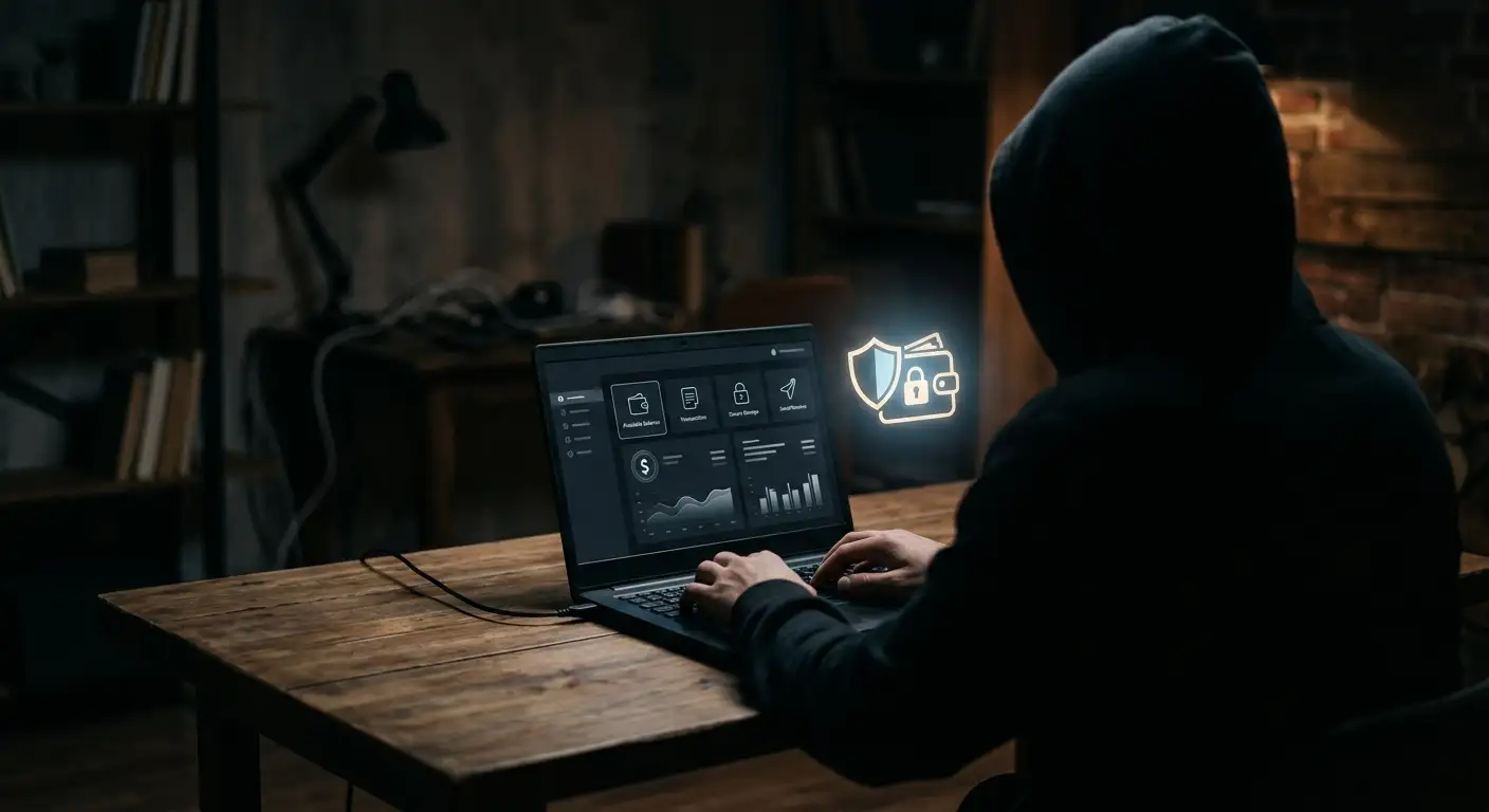 Maskierte Figur mit Laptop und Krypto-Wallet-Symbol