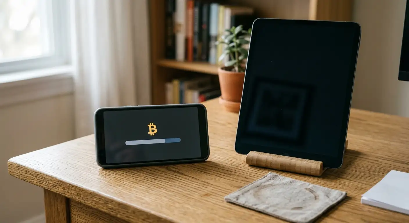 Smartphone mit Krypto-Wallet neben Auszahlungsbildschirm