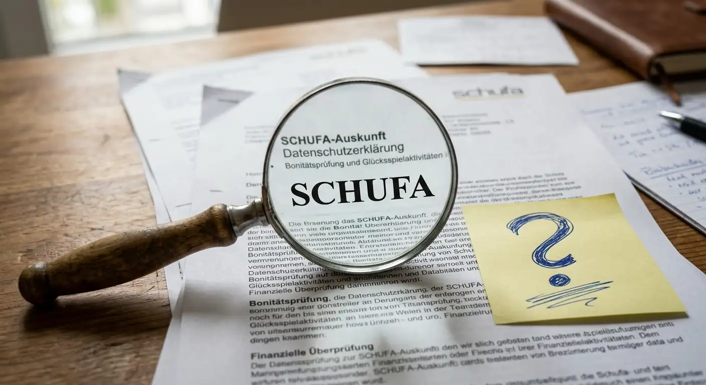 Symbolbild: Lupe auf Schufa-Auskunft mit Fragezeichen zur Glücksspielabfrage