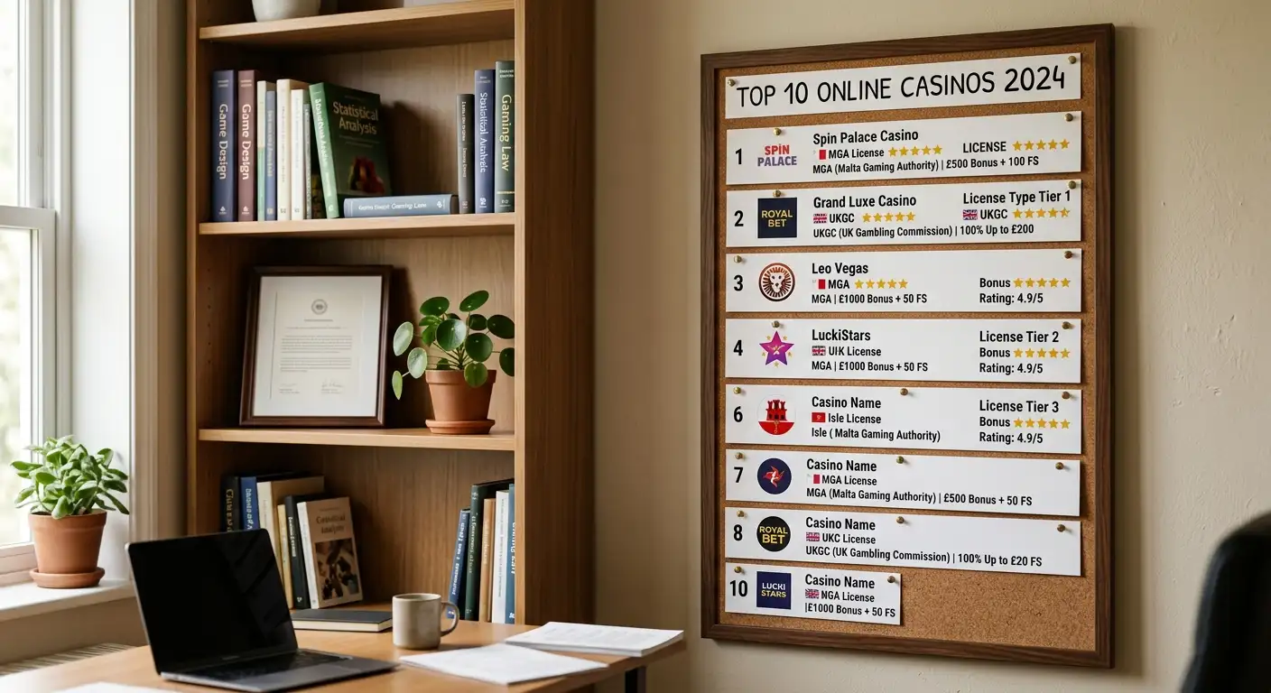 Rangliste der zehn Online-Casinos ohne Schufa als Tafel mit Lizenzlogos