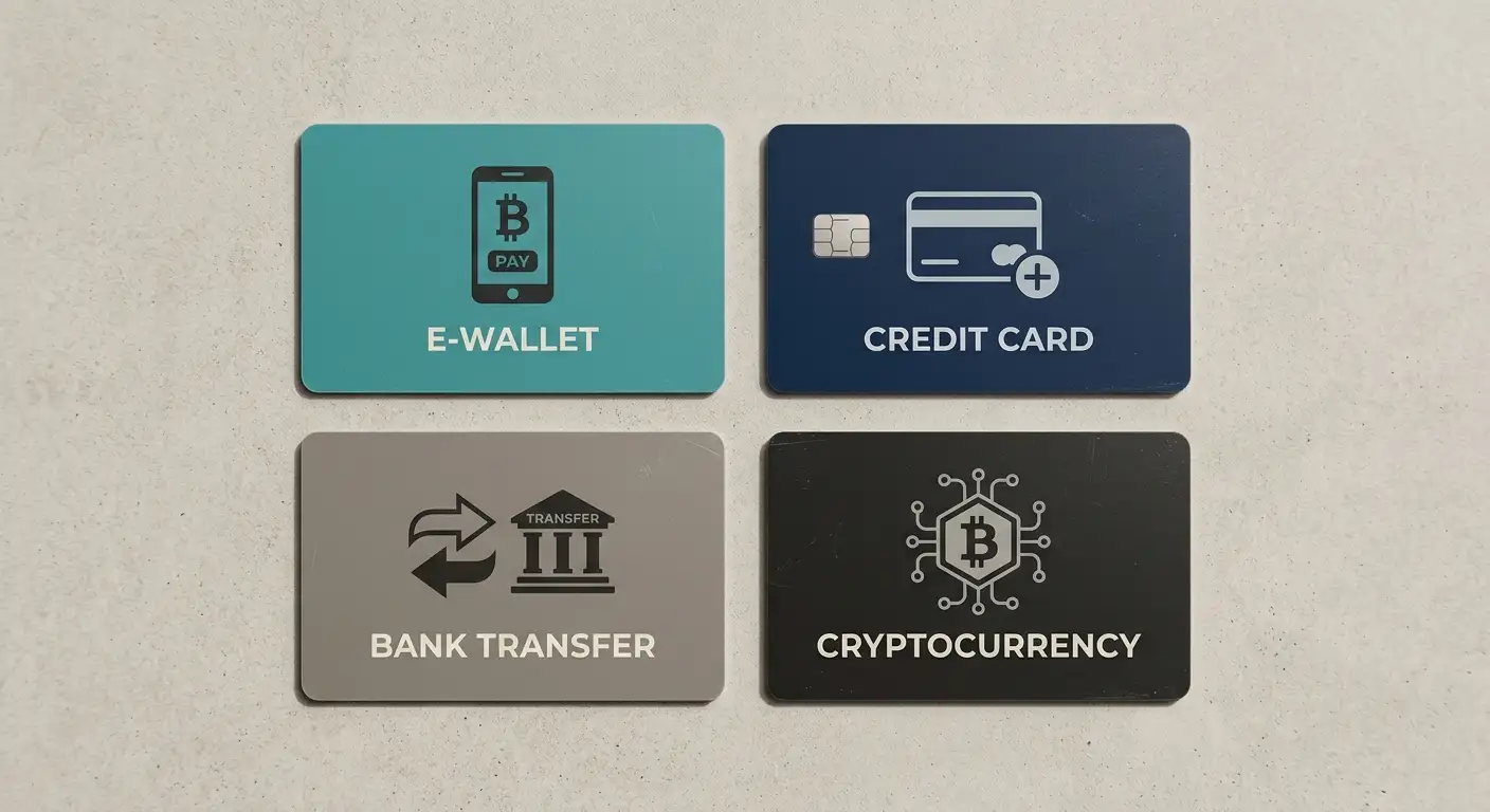 Übersicht Zahlungsmethoden: E-Wallet, Kreditkarte, Bank, Krypto