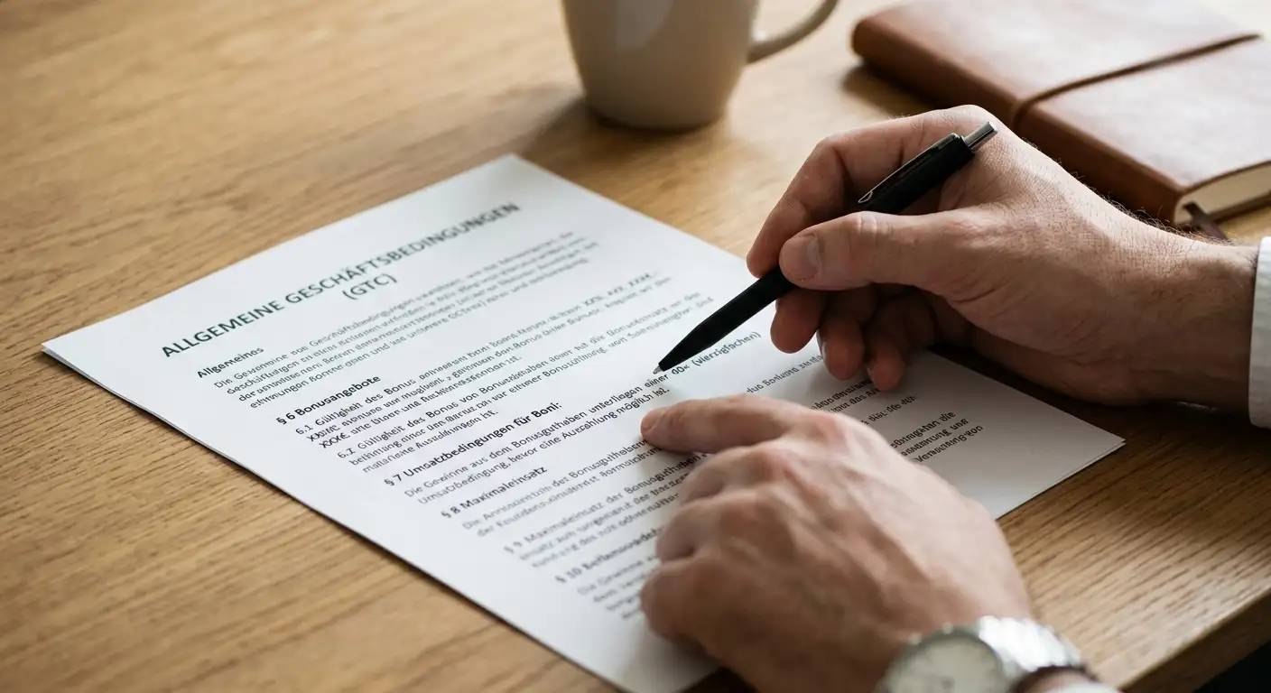 Bonusbedingungen mit Rechenstift und Vertrag auf Papier