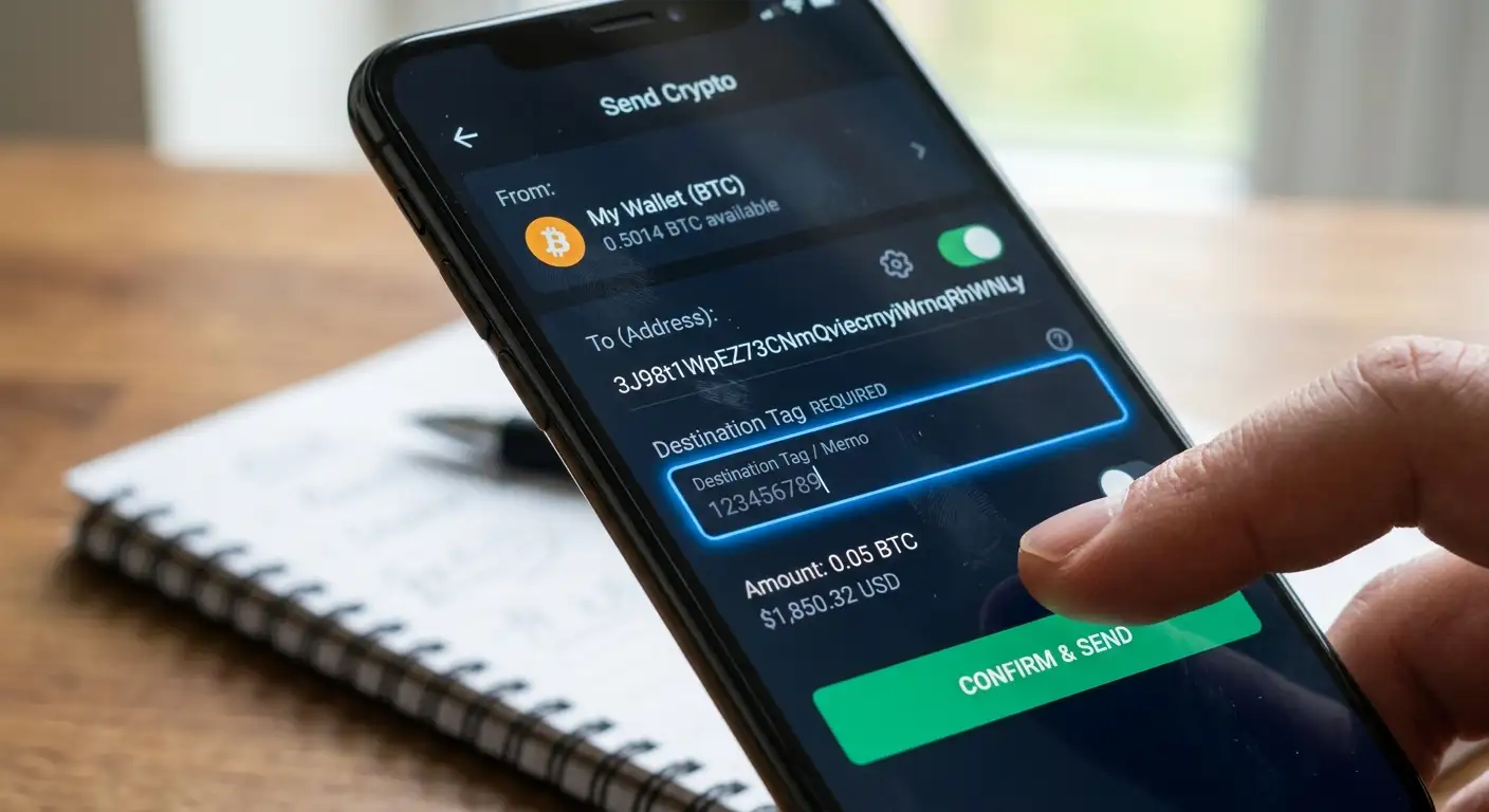 XRP Wallet mit Destination Tag und Bestätigungsbildschirm
