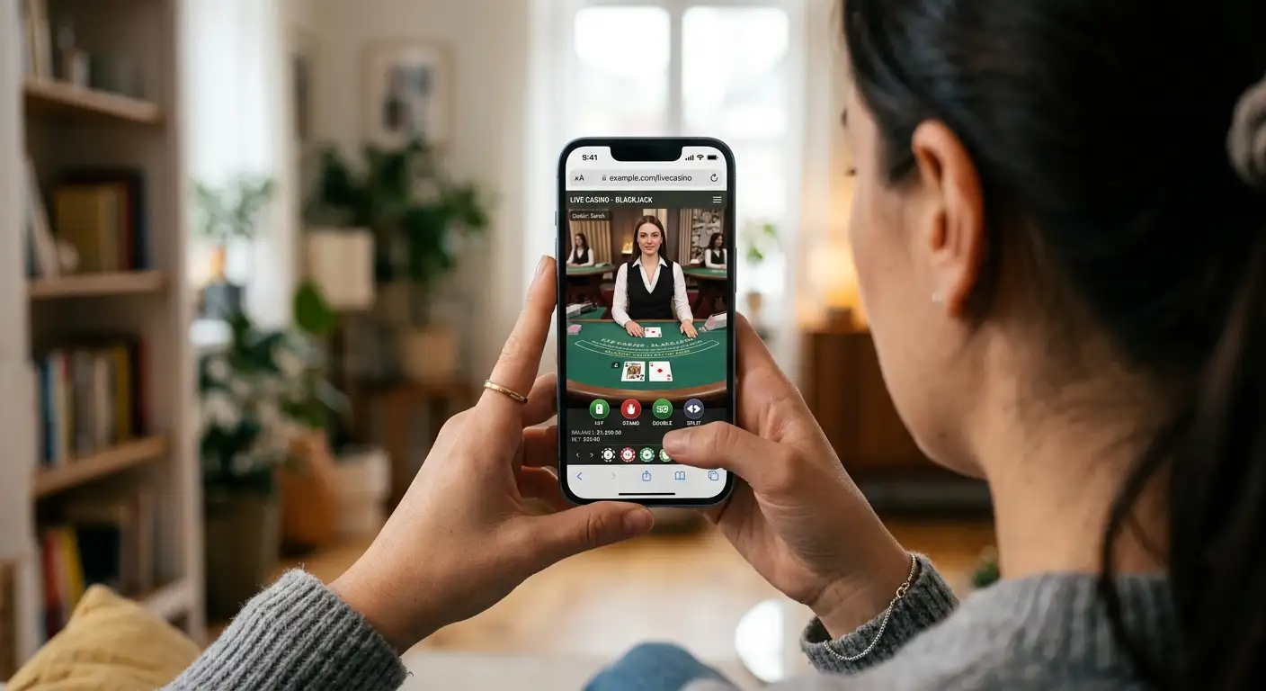Smartphone mit Live-Casino-Spiel und XRP-Wallet